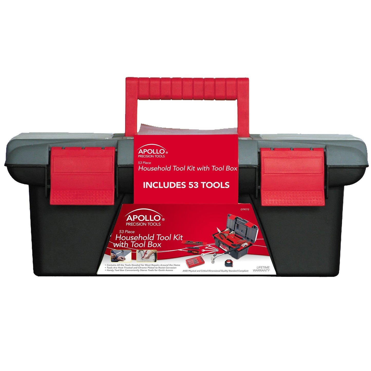 Apollo Tools 53 Piece Household Tool Set Includes Tools and Tool Box with a Selection of Most Needed Tools for Basic DIY Repairs, Maintenance and Crafts - Red