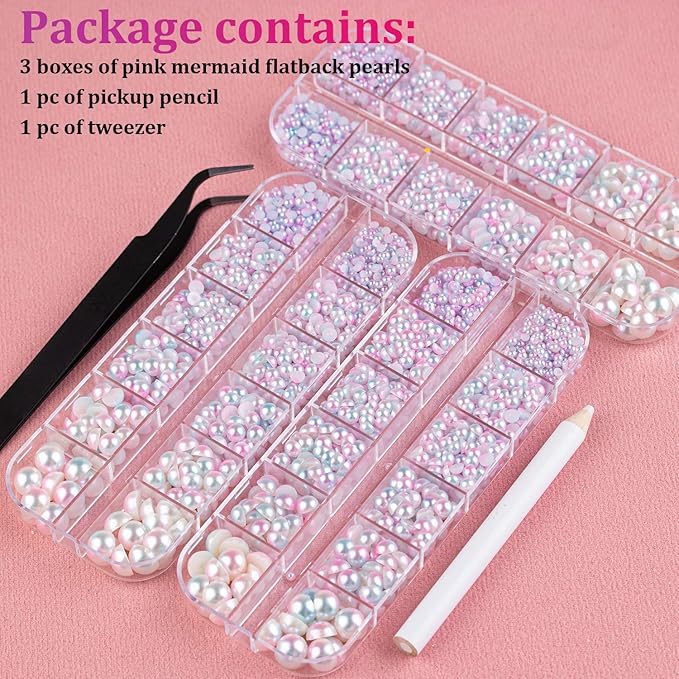 Belleboost Flat Back Pearls Kits 3 Boxes of Flatback Pink Mermaid Half Round Pearls with Pickup Pencil and Tweezer for Home DIY and Professional Nail Art, Face Makeup and Craft