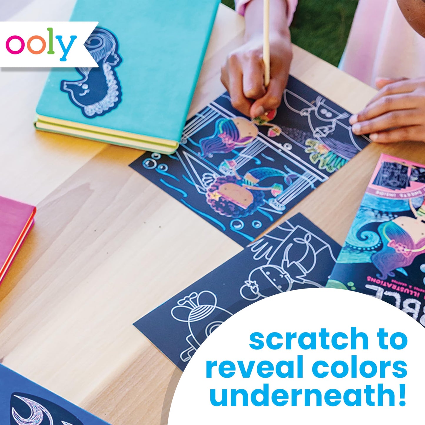 Ooly Scratch & Scribble 10pc Art Kit with 8 Total Scratch Cards (4 Illustrated, 2 Blank, 2 Rainbow) with Scratching Tool and Sparkled Stickers, Art Set Gifts for Kids - Ocean Life