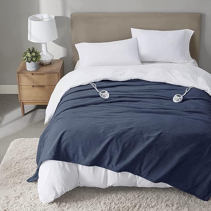 Serta Travis Fleece Ultra Soft Tri-Rib Textured Electric Blanket, Cozy and Snuggly Cover Fast Heating for Cold Weather, Auto Shut Off, Multi Heat Setting Controller, Queen, Indigo