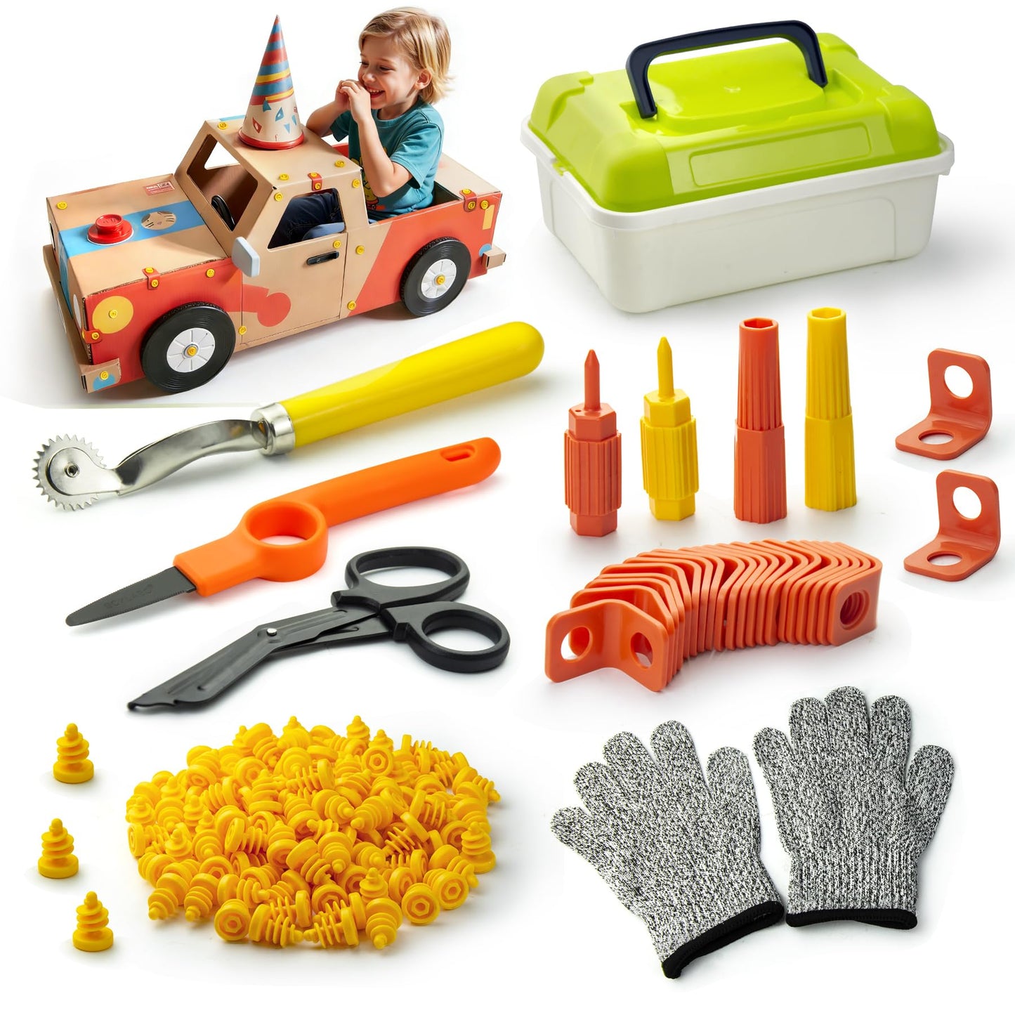 Kids Cardboard Cutter Safe Tool Set 150 Pcs Cardboard Construction Kit for Todder with Storage Box,Creative Educational Toys Gift for Boys Girls