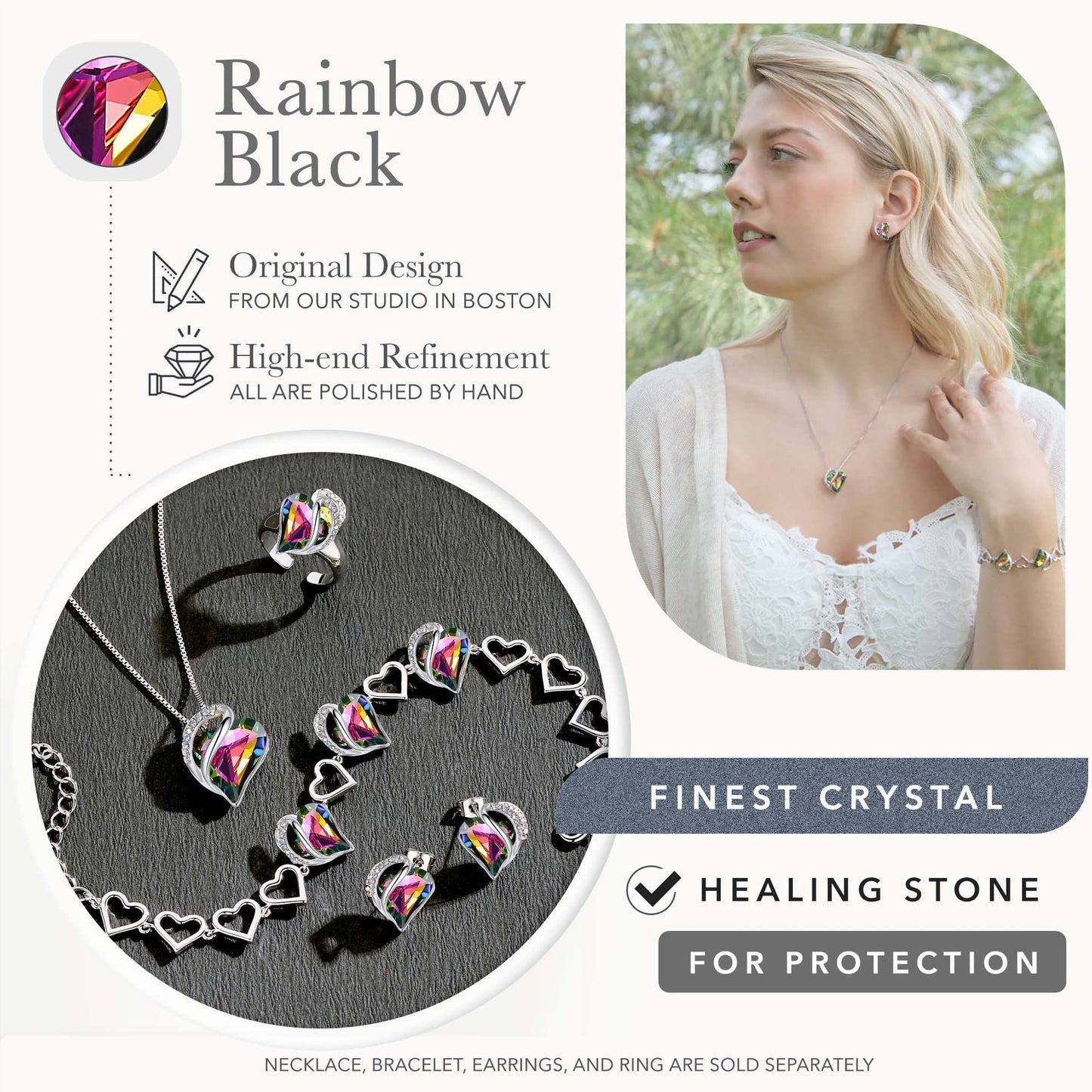 Leafael Infinity Love Heart Gift Bracelet for Women, Healing Stone for Protection, Rainbow Tourmaline Black, Silver Tone, 7-inch Chain and 2-inch Extender