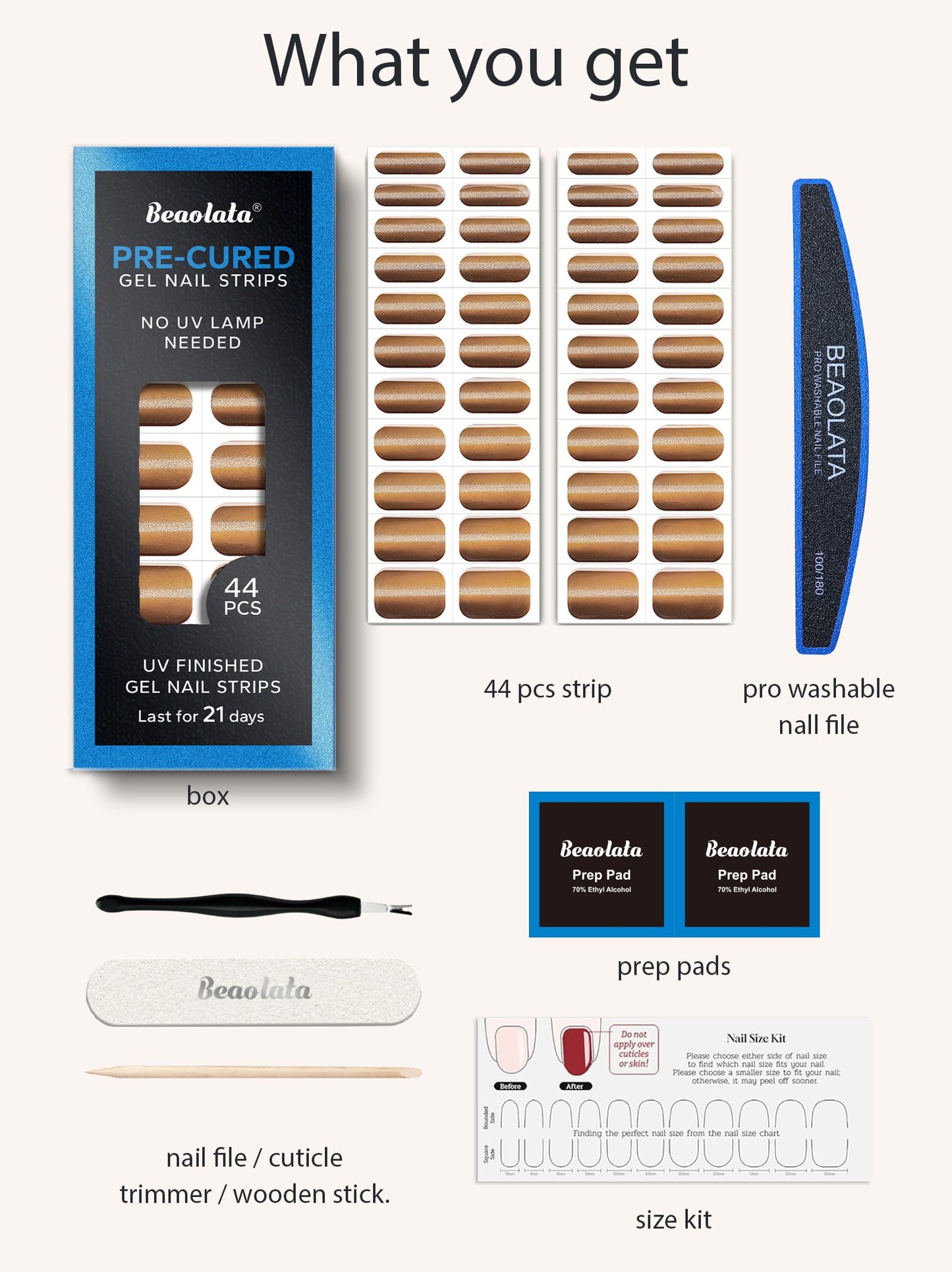 Beaolata Real Gel Nail Strips (No UV Light Needed) - 44Pcs Salon Quality Nail Stickers - Long Lasting Polish Wraps for Women, Easy Apply & Remove (Honeyed Gem Brown)