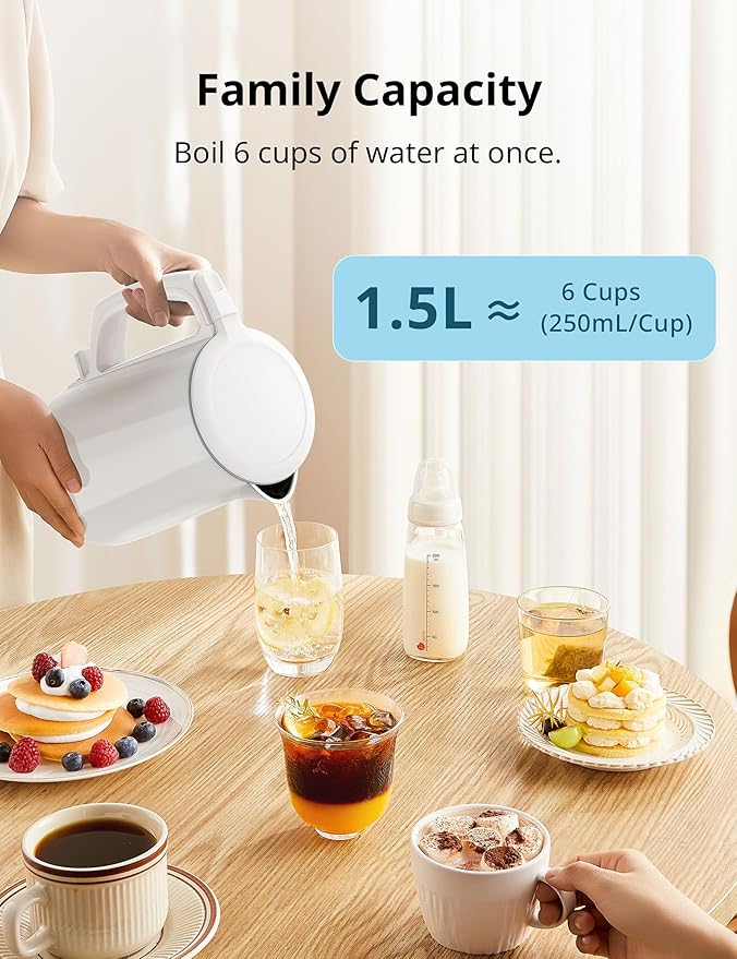 COMFEE' Electric Kettle and Tea Kettle, 1.5L Double Wall, Stainless Steel Interior, Lid & Spout, Fast Boil, Auto-Off, and Boil-Dry Protection, 1500W