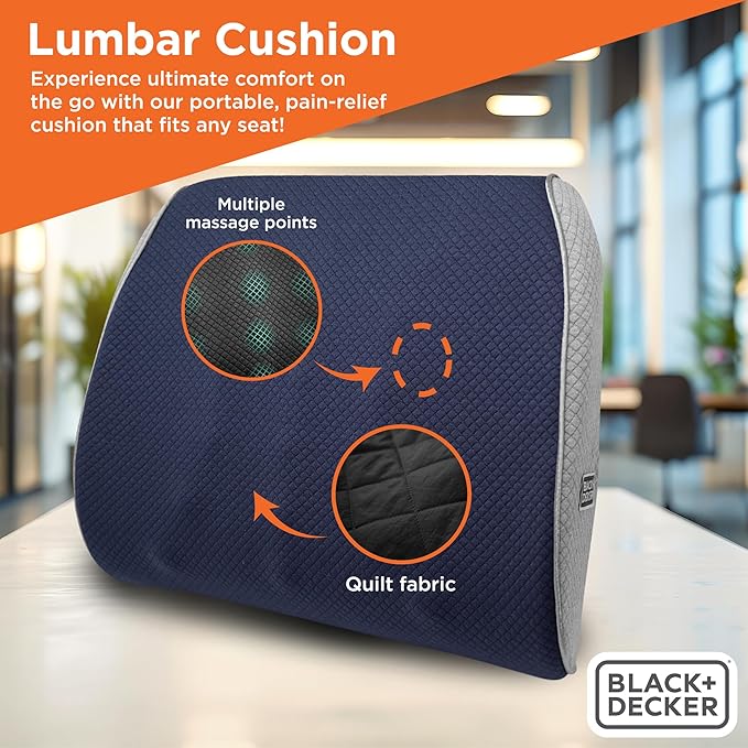 BLACK+DECKER Memory Foam Lumbar Support Pillow Lumbar Cushion with Multiple Massage Points for Office, Car, Wheelchair & Airplane Ergonomic, Pain Relief, Adjustable Strap, Washable Cover, Lt Blue/Grey