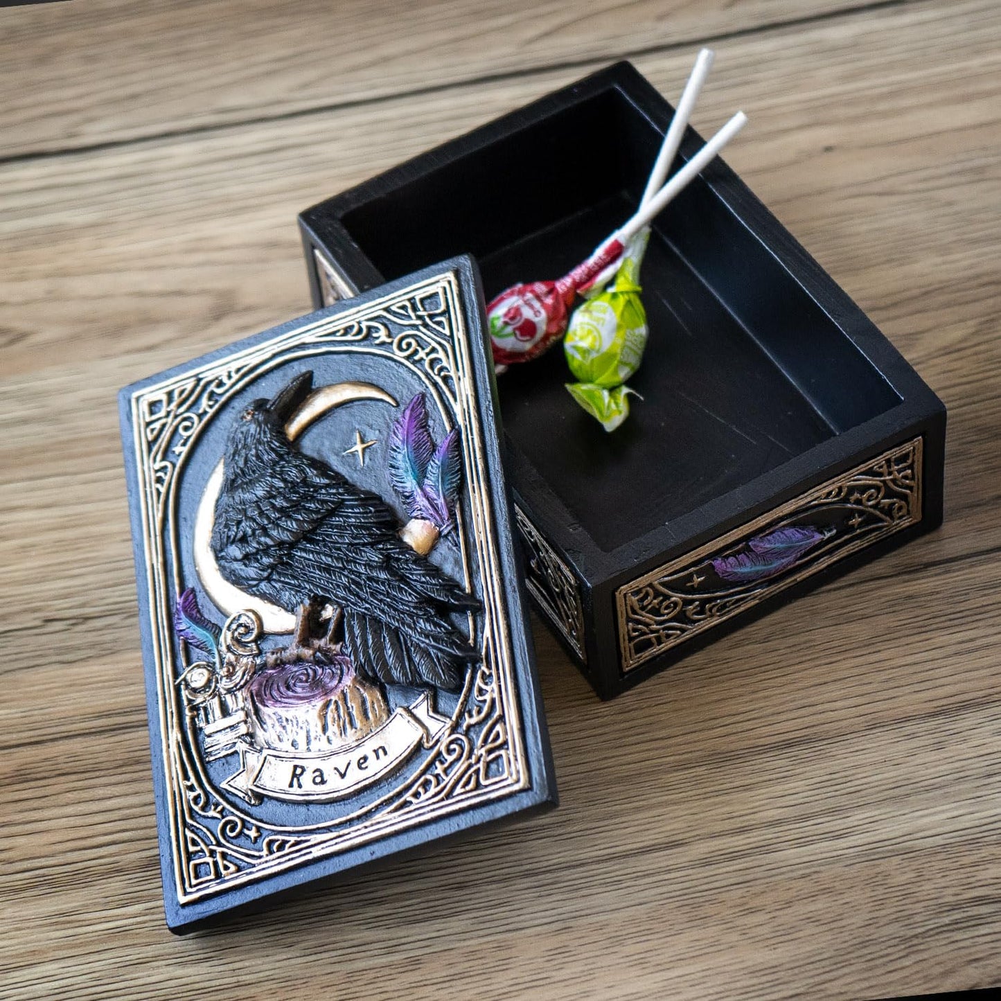 Pacific Giftware Raven Tarot Box with Moon and Feather Design Ideal for Tarot Cards Jewelry or Keepsake Storage Perfect for Gothic Home Decor 5.63" Long