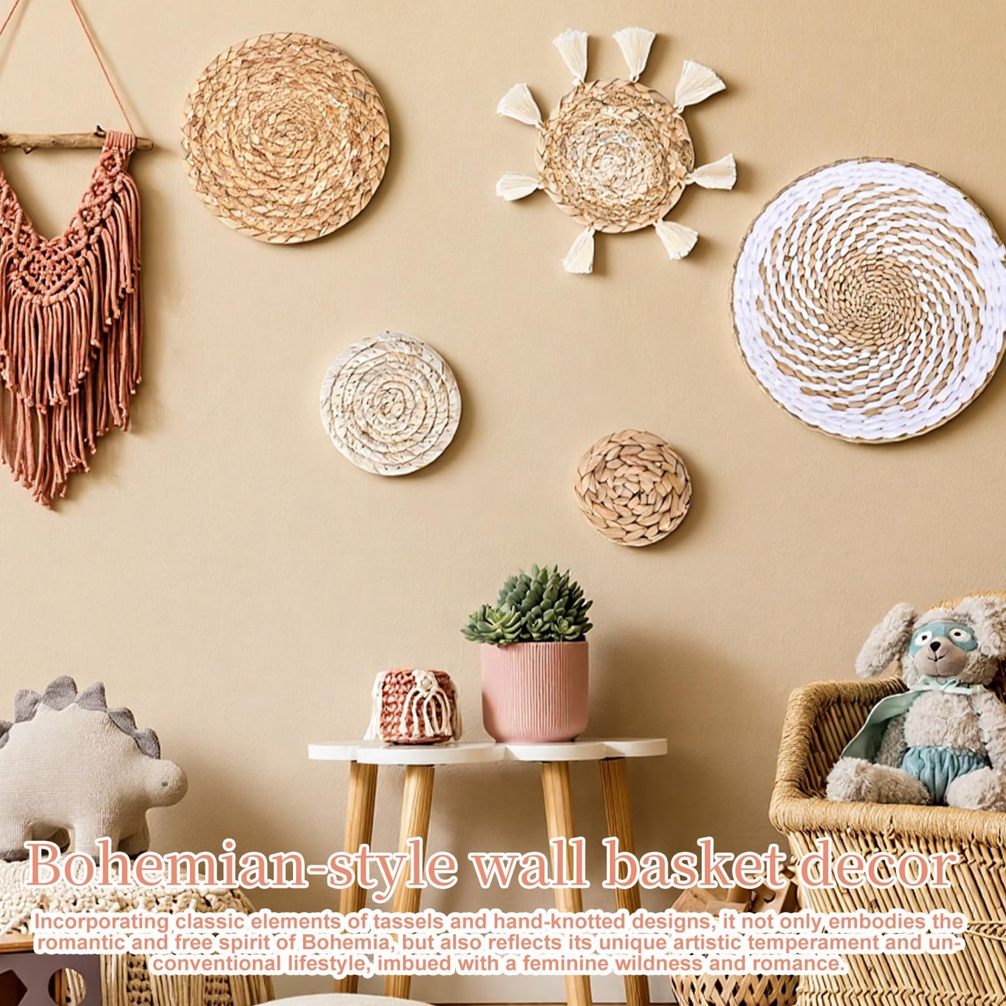 Oqqlin 7 Pcs Boho Wall Basket Decor, Handmade Seagrass Rattan Wicker Wall Decor Flat Round Rustic Woven Hanging Art for Bedroom, Kitchen, Living Room, Office Decorations
