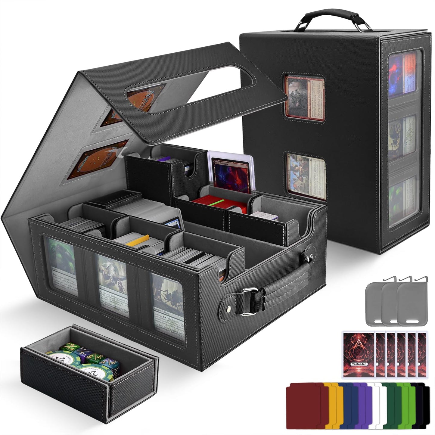 RyshePro 7-in-1 Trading Card Storage Box with Handle, MTG TCG Deck Box with Commander Display Fits 1300+ Sleeved Cards - Includes 6 Toploaders, 3 Stoppers, 16 Colorful Dividers & Dice Box (Black Grey)