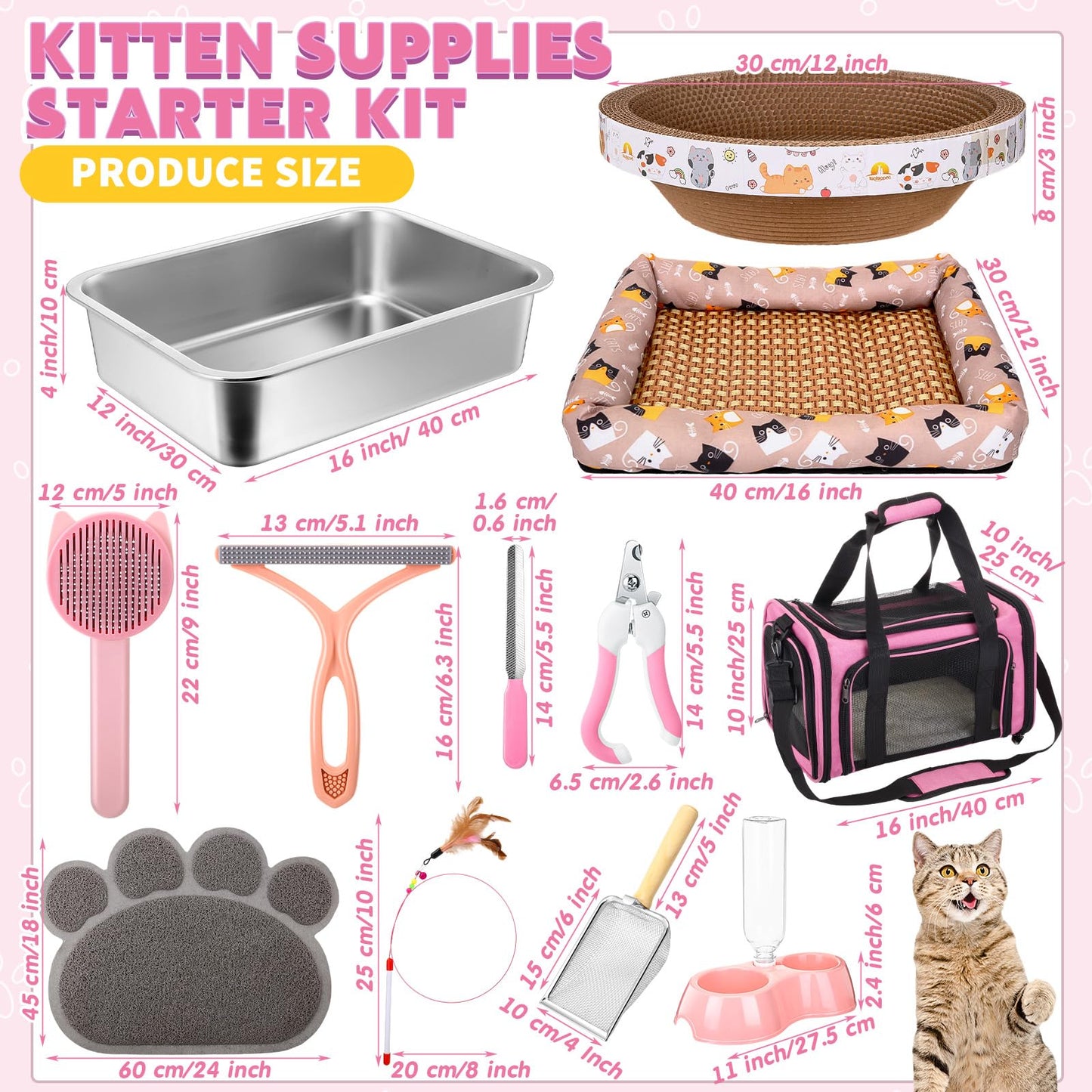 PullCrease 38 Pcs Kitten Supplies Starter Kit Cat Essentials Set Include Cat Scratcher Cardboard Stainless Steel Litter Box Bed Carrier Kitten Toys Accessories for Welcome Gift Supplies