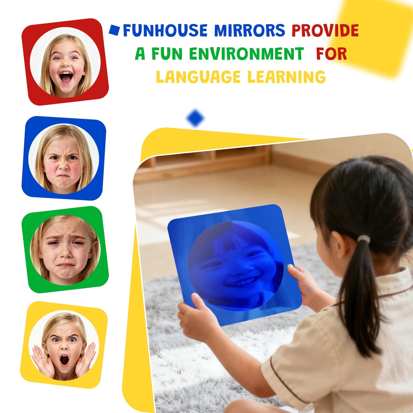 Whimtoyland 4 Pcs Sensory Wall Mirror Acrylic Bubble Mirror Wall Decoration for Kids Classroom Kindergarten Sensory Room Science Classroom Decompression Space (10 x 10 Inch,Red,Yellow,Green,Blue)