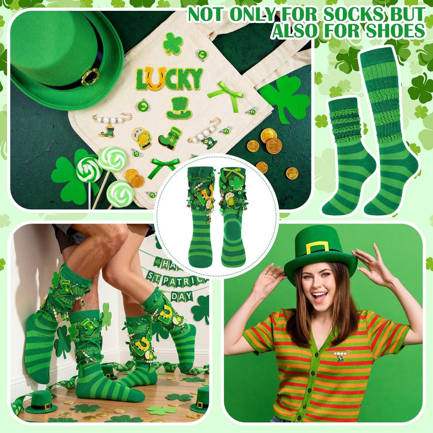 Chicingyou 40 Pcs St. Patrick's Sock and Charms Kit for Women Include 2 Pairs DIY Irish Socks 38 St. Patricks Charms Accessories Jewelry Decor Irish Chenille Patches Brooch Green Shamrock Patrick Gift