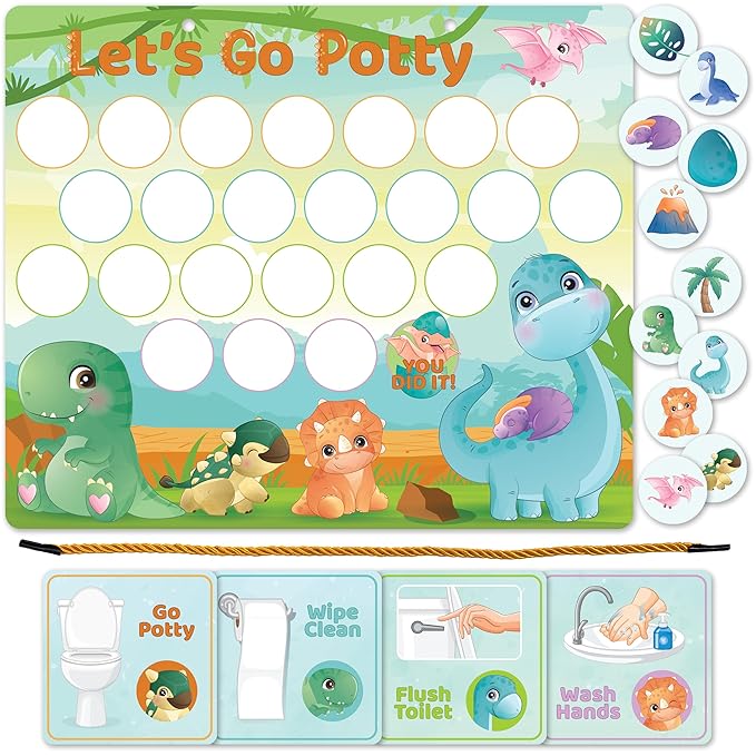 Bright Seed Reusable Magnetic Dinosaurs Potty Training Chart, Potty Training for Boys, Potty Training Sticker Chart, Potty Training Rewards for Boys, 12x10 Inches Magnetic Chart with 28 Chips