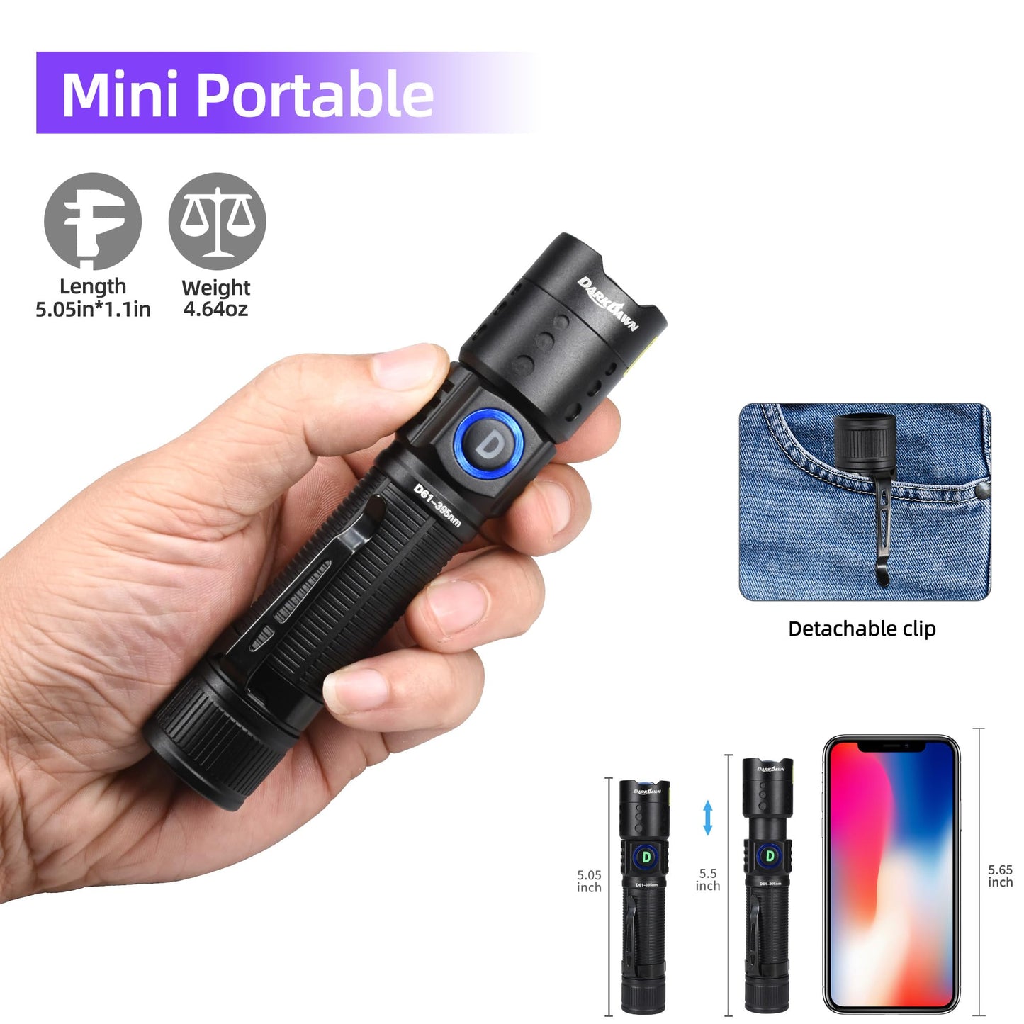 DARKDAWN UV Flashlight 395nm Black Light Mini USB Rechargeable Ultraviolet LED Blacklight Woods Lamp Powerful Fluorescent Portable Detector for Pet Urine Stains, Scorpions, Resin Curing