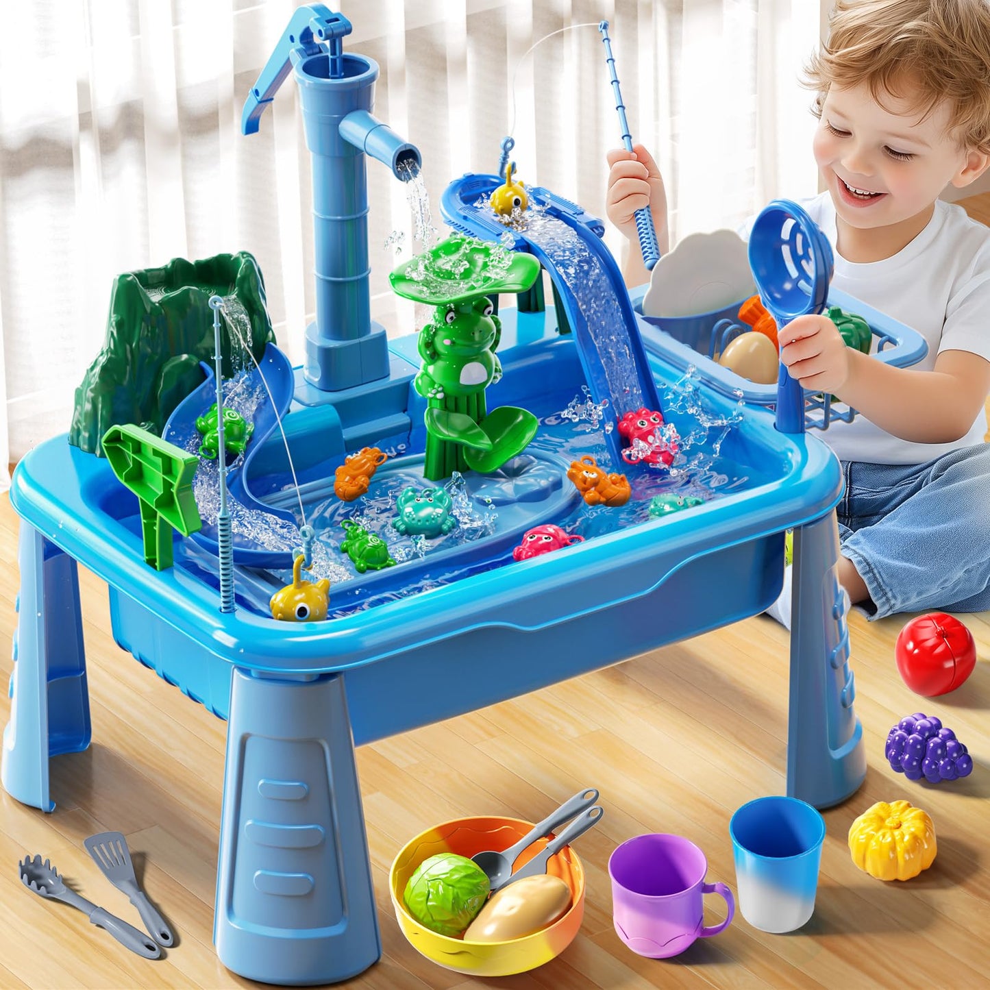 JUKUDAHU Water Table Play Sink Toy for Kids 2 3 4 5 6 Years Old - Outdoor Kitchen with Running Water, Fishing Games, Toddler Water Play Table for Kids Ages 3-8, Beach Outdoor Toys, Summer Gifts