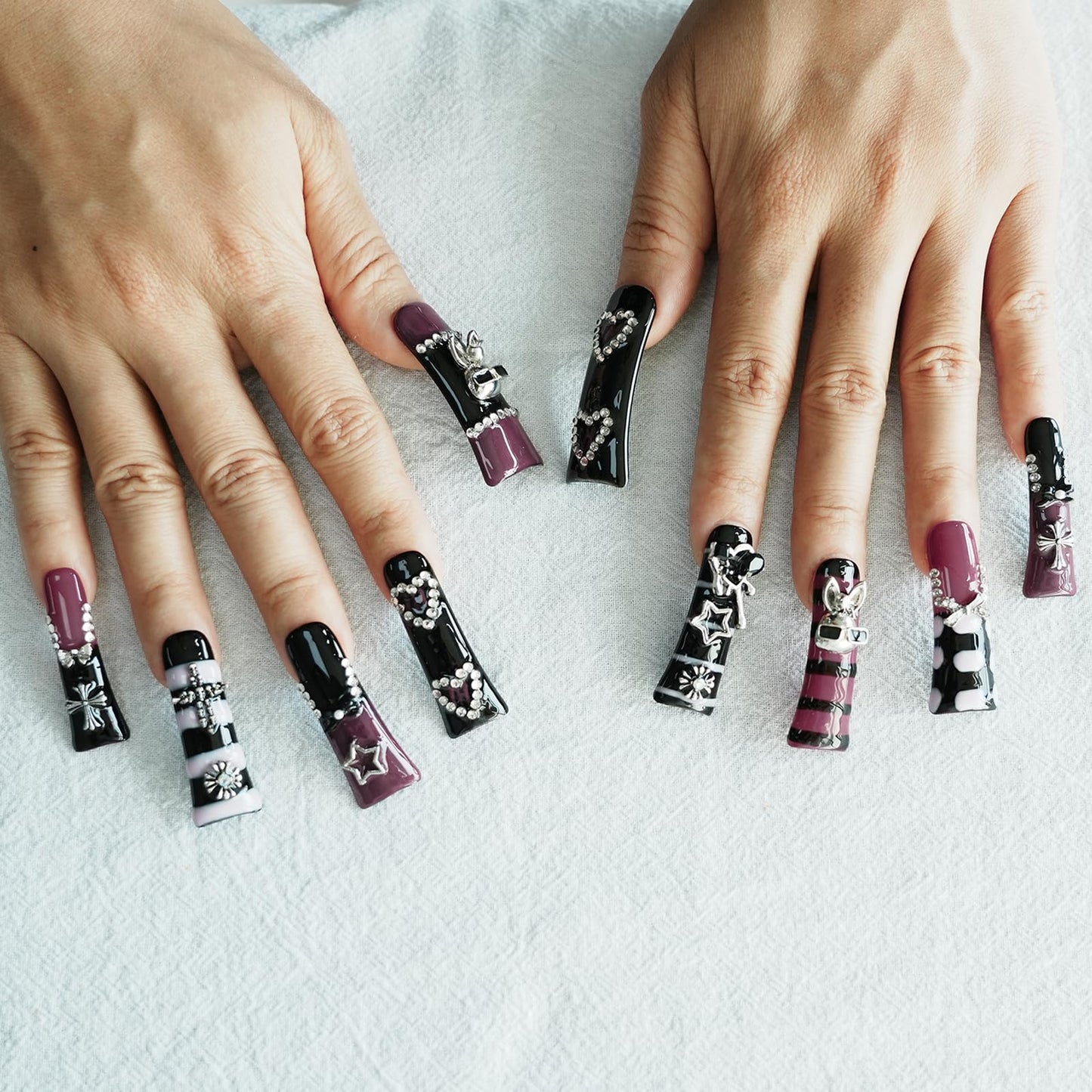 Tesytto Metallic Gothic Press on Nails Extra Long Duck - Black Purple Hot Pink with 3D Metal Cross, Star, Heart, Bow, Rabbit Charms for Parties (Dark Romance, S)
