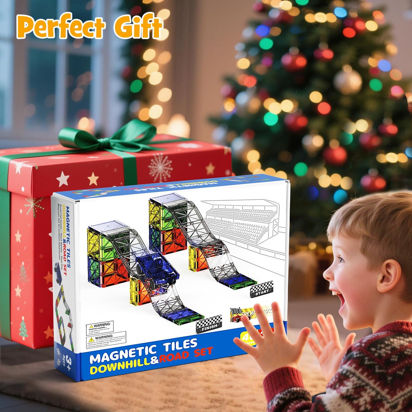 WMXDU 2-in-1 Dynamic Magnetic Downhill & Race Track Set - 40PCS Expandable Magnetic Tiles with Car for Creative STEM Play The Ultimate Travel Toy & Gift for Kids Ages 3-8 (40pcs-Race Set)