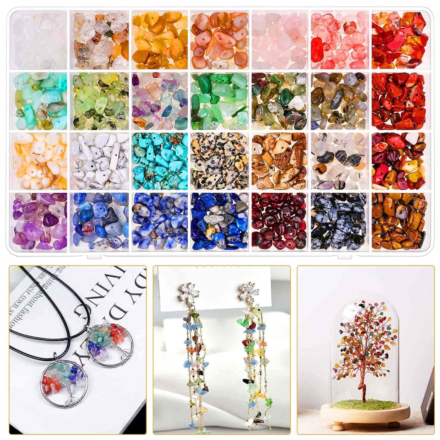 Crystal Chips Beads for Ring Making, 28 Colors Gemstone Beads for Jewelry Making, Crystal Ring Making Kit with Plastic Box for Jewelry Ring, Bracelets, Earring Making Supplies
