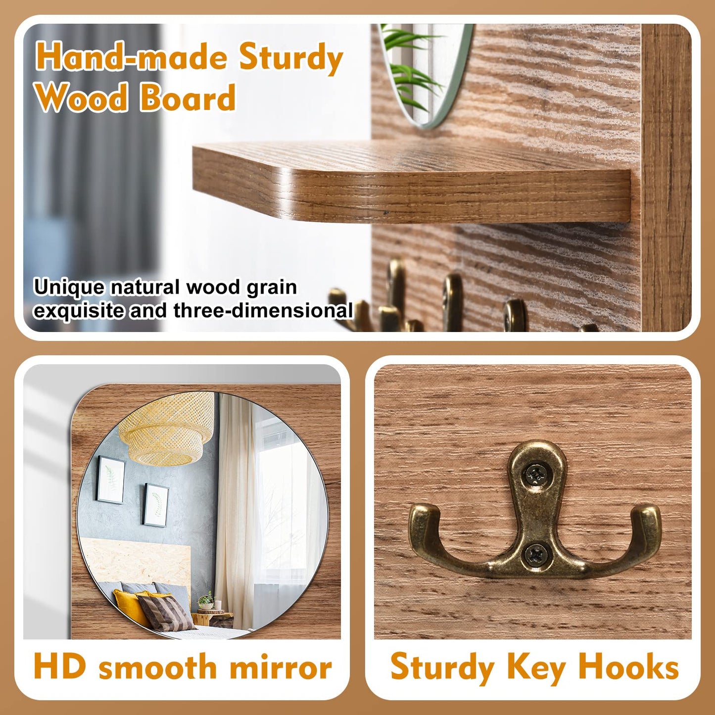 YeadCedle Wooden Key Rack with Mirror, Shelf and 4 Key Hooks for Rustic Entrances, Hallways, Living Rooms and Bedrooms - 16"x12" (Oak Color)