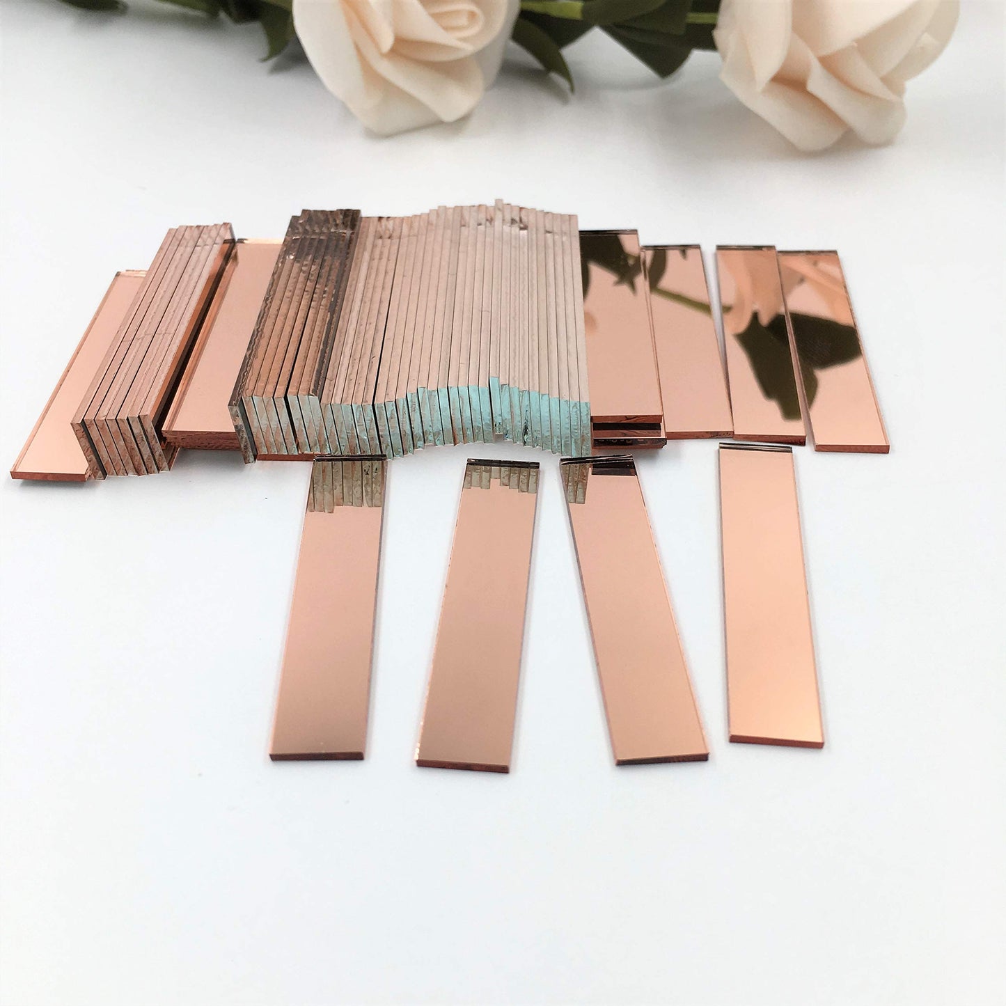 3/8x2 Inch Rose Gold Small Glass Mirror Rectangle Glass Craft Mirrors Bulk 100 Pieces Mosaic Tiles (3/8x2 Inch)