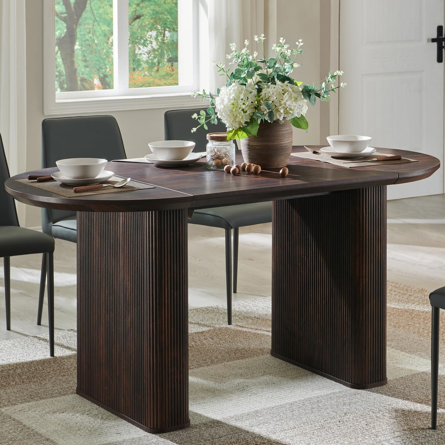 T4TREAM 63" Fluted Oval Dining Table for 4-6, Mid-Century Modern Kitchen Table with Thickened Edge & Strip Pedestal Base, Wood Luxury Table for Dining Room/Kitchen/Home Office, Walnut (Table Only)
