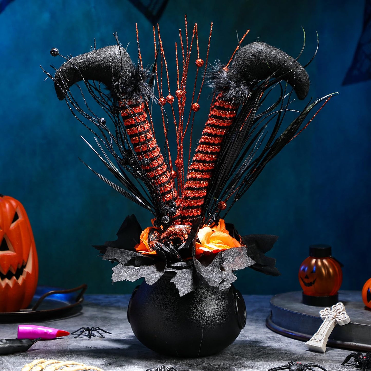 Amyhill Halloween Decoration Table Artificial Flower Glitter Halloween Witch Boot Tabletop Decor Centerpieces Cauldrons Fake Flowers Halloween House Haunted Decor for Home Party Decor 13 x15.7 Inches