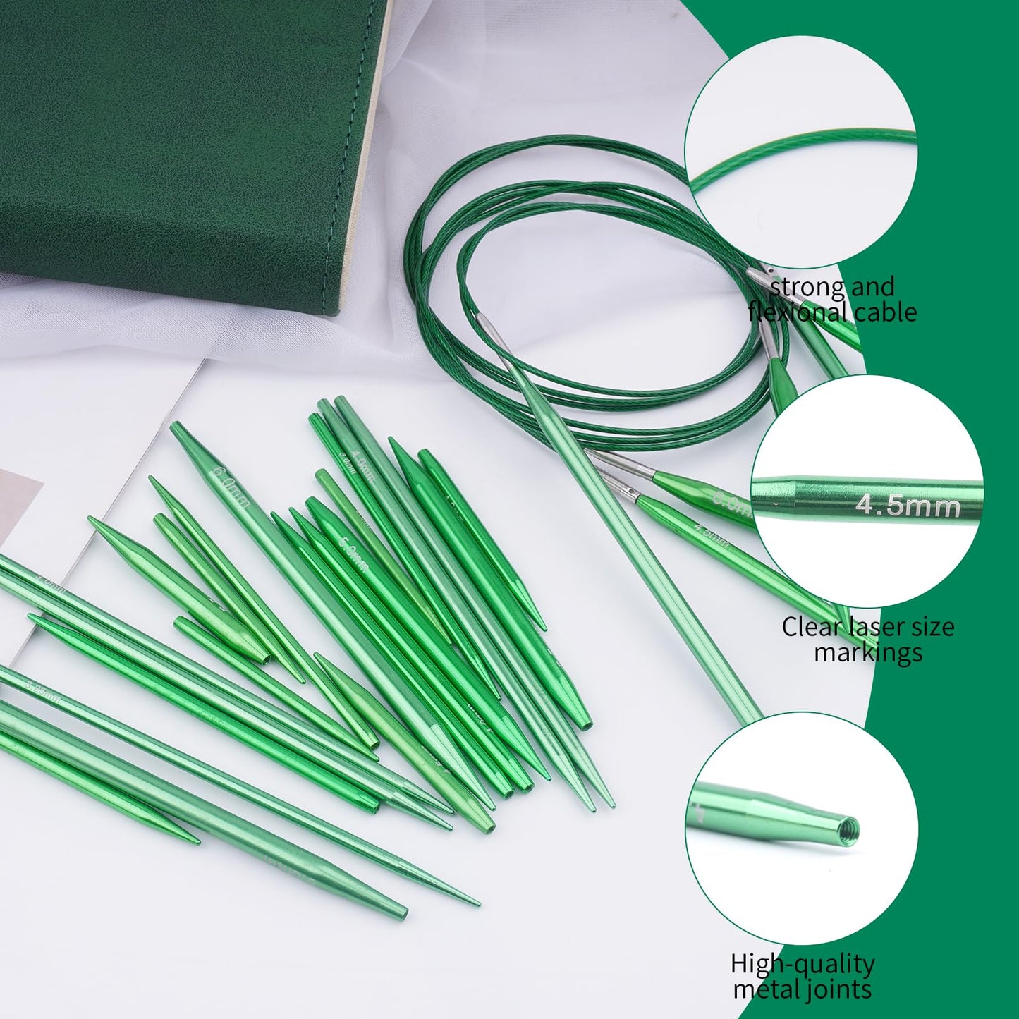 WAZAIGUR Knitting Needles Set, Three Lengths Interchangeable Circular Knitting Needles Set - Sizes 3.0mm, 3.25mm, 3.5mm, 3.75mm, 4.0mm, 4.5mm, 5.0mm, 5.5mm, 6.0mm, 5 Cables, 9 Pairs, Green
