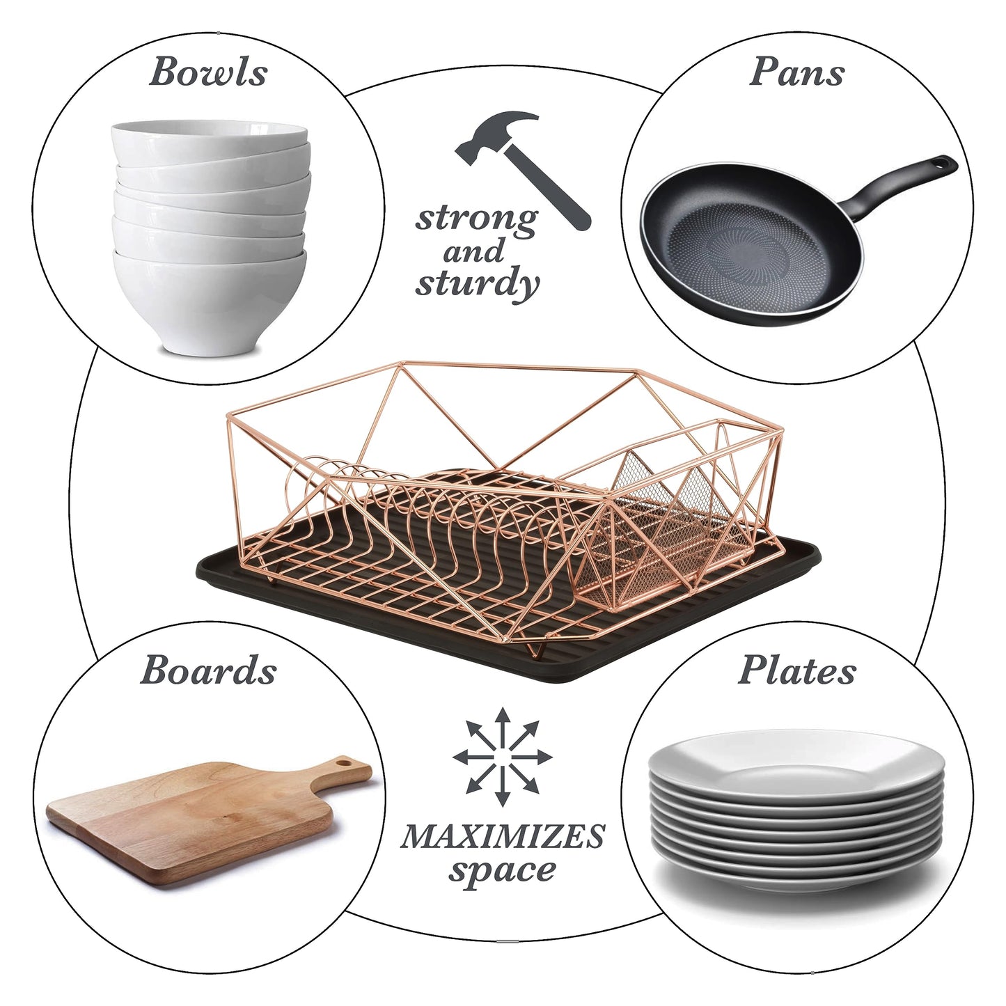 Kitchen Details Geode Deluxe Dish Drying Rack with Drain Board | Cutlery Basket | Utensil Holder | Iron Frame | Copper