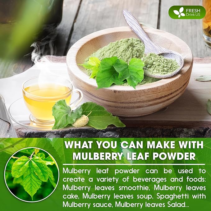 FreshDrinkUS, Premium 8oz Mulberry Leaf Powder, 100% Natural and Pure from Mulberry Leaves, Perfect for Tea, Smoothies, Baked Goods, Natural Food Coloring, No Additives, No Gluten, No Sugar, Vegan