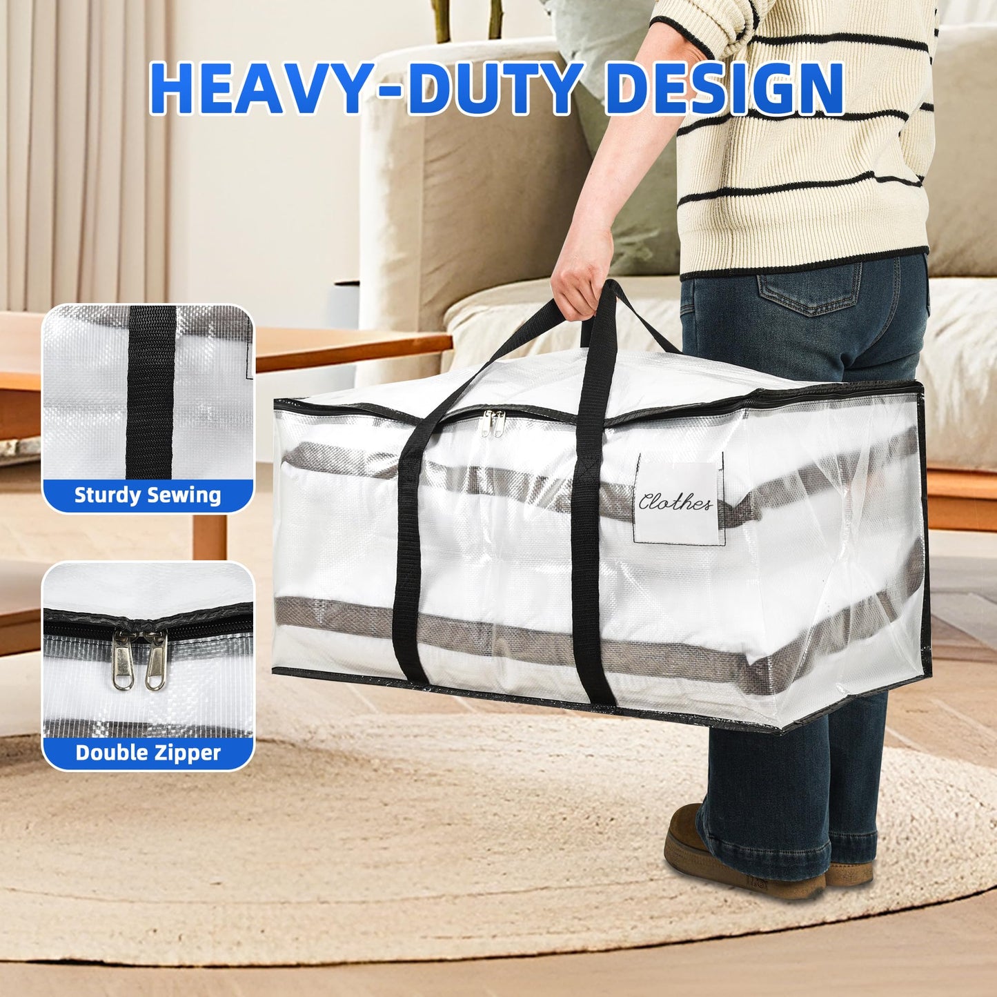 Uprimeasy Large Moving Bags, 2 Pack Heavy Duty Storage Bags with Wrap Handles & Zippers, Space Saving Storage Totes with Clear Window & Tag Pocket, Alternative to Moving Boxes (Clear)