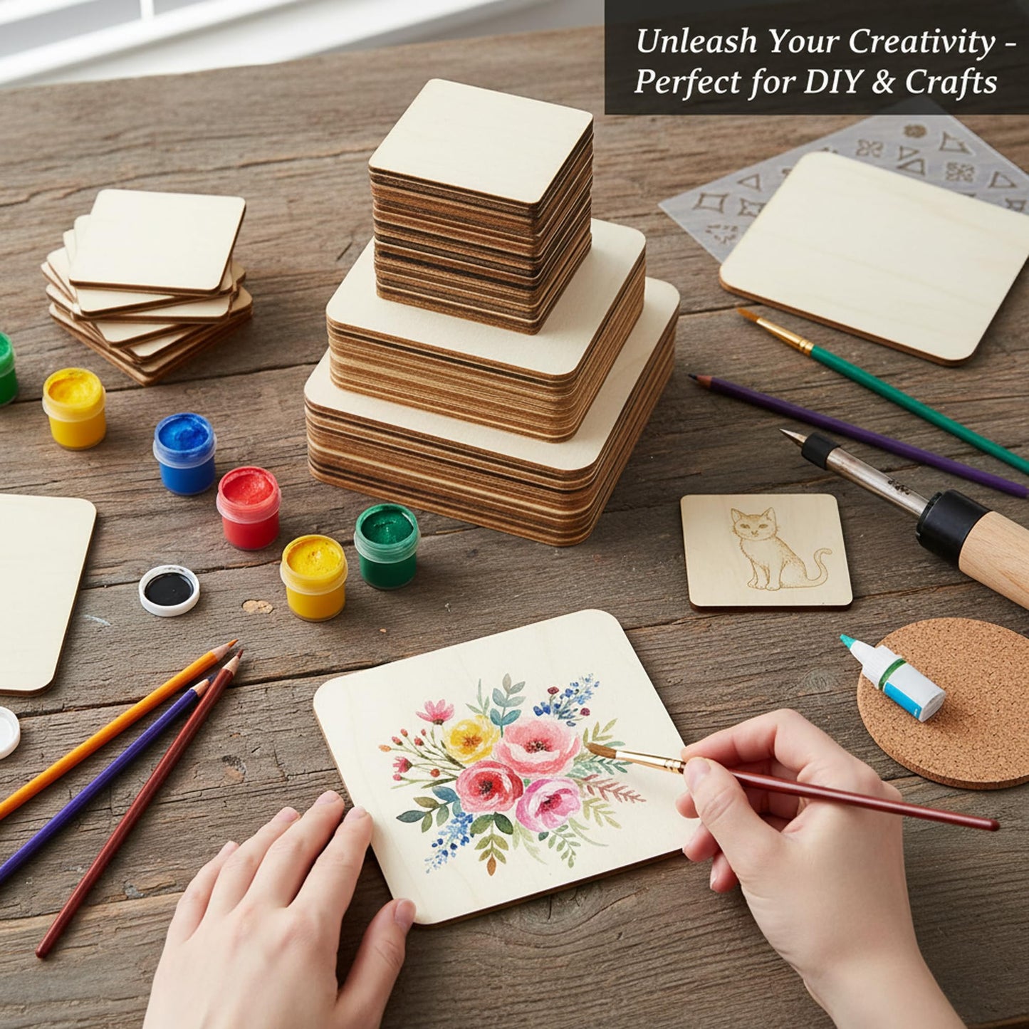48 Piece Unfinished Blank Wood Sheets,3 Different Size Wood Square Slices Cutouts for Wood Burning Projects, Decoration DIY Wooden Craft Art Supplies
