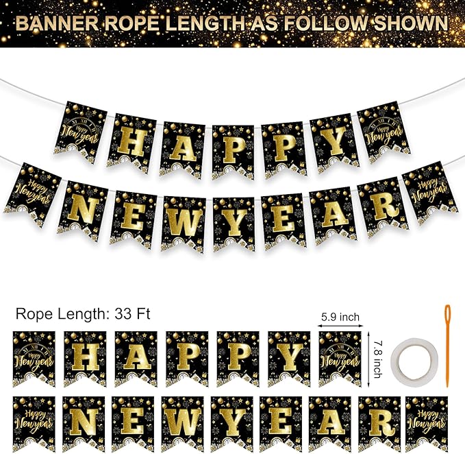 Black & Gold Happy New Year Banner Garland