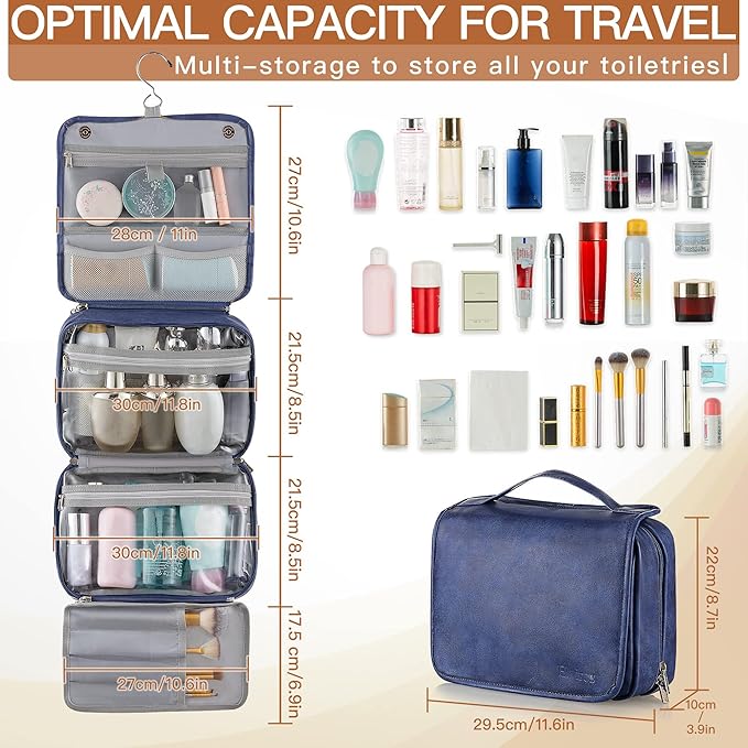 Elviros Hanging Toiletry Bag for Men Travel Essentials 3-in-1 Large Waterproof Dopp Kit PU Leather Shaving Bag with Separate Compartments for Grooming and Toiletries