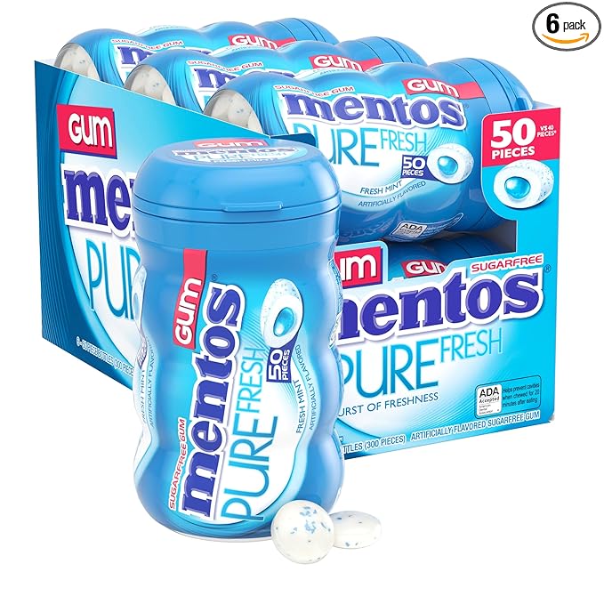 Mentos Pure Fresh Sugar-Free Chewing Gum with Xylitol, Fresh Mint, 50 Piece Bottle (Bulk Pack of 6)