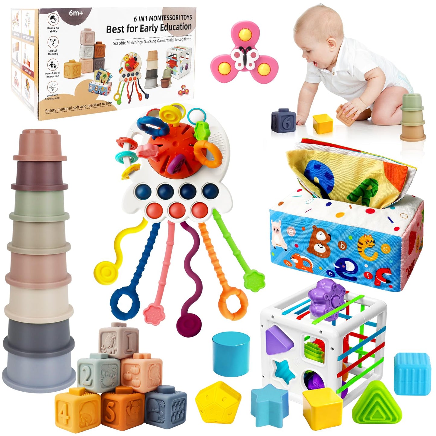 EPOGG 6 in 1 Montessori Toys for Babies 6-12 Months Up - Incl Pull String Toy, Stacking Cups, Tissue Box, Suction Cup Spinner, Stacking Blocks,Activity Cube, Baby Toys for 1 2 3 Year Old