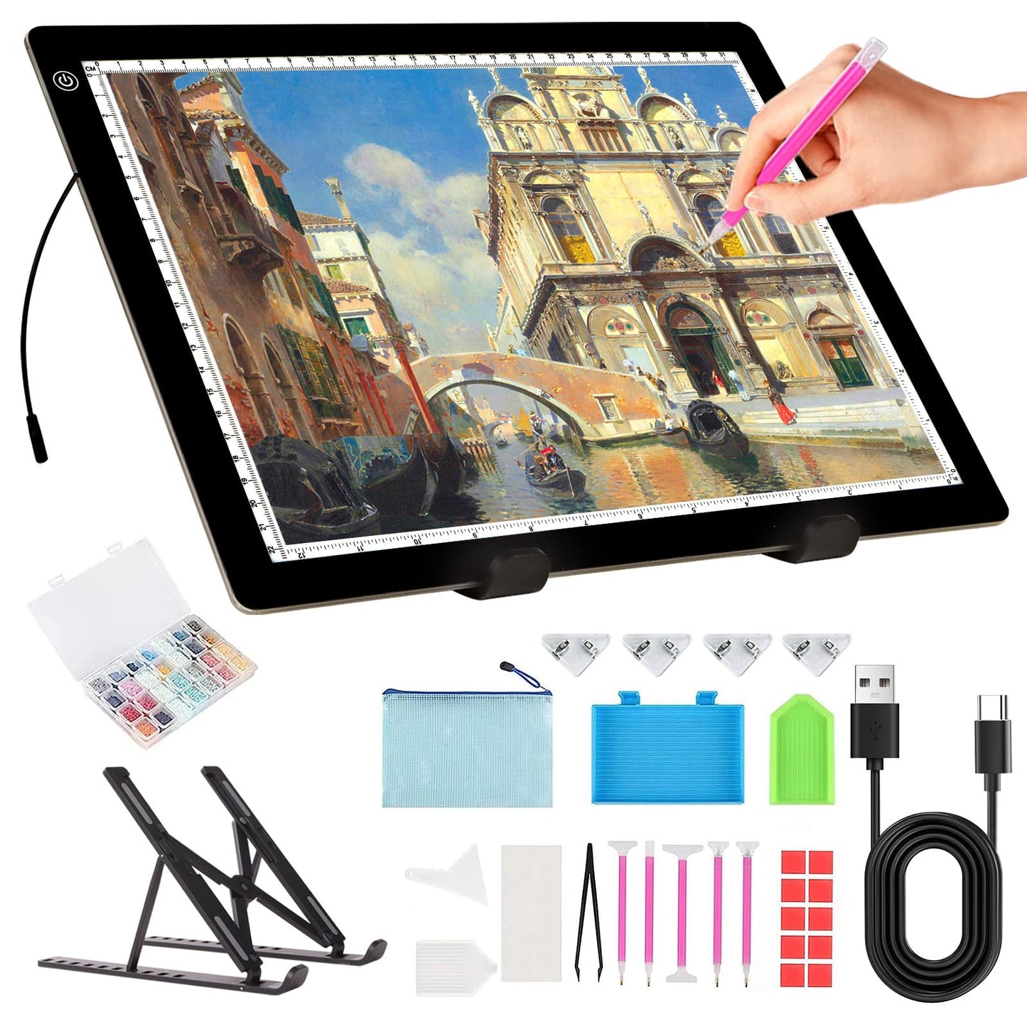 A4 Light Board for Diamond Painting - Tracing Light Box with Stand, Stepless Dimmable 3 Levels Brightness Light Pad, Ultra-Thin LED Light Pad for Weeding Vinyl, Drawing, Diamond Painting