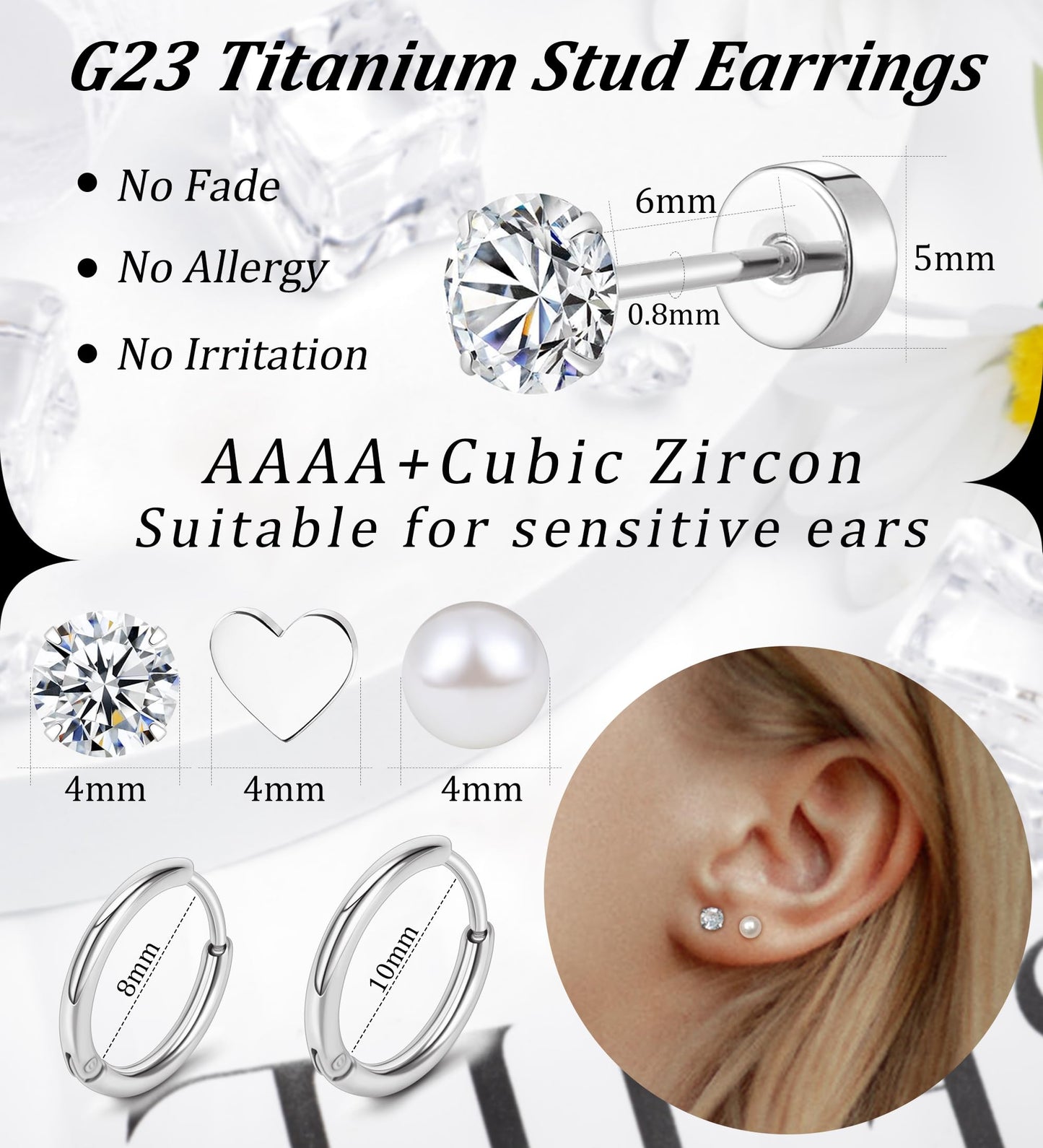 MJust Titanium Earrings for Sensitive Ears 20G Hypoallergenic Stud Hoop Earrings for Women Men Opal Ball CZ Heart Pearl Flat Back Earrings Cartilage Earrings Set