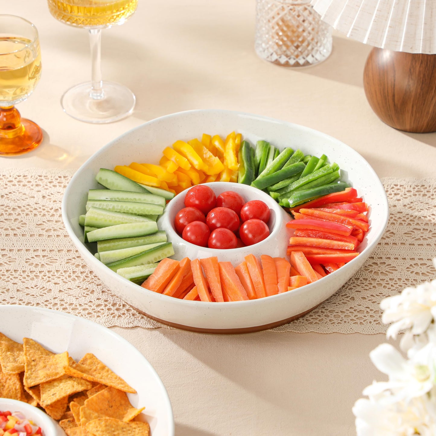 MALACASA Ceramic Chips and Dip Serving Tray, 12 Inch Large Divided Bowls Set for Salsa, Veggies & Dip, Appetizers, Snacks, Free-Form Serving Dish Platter for Parties Hosting & Entertaining, White