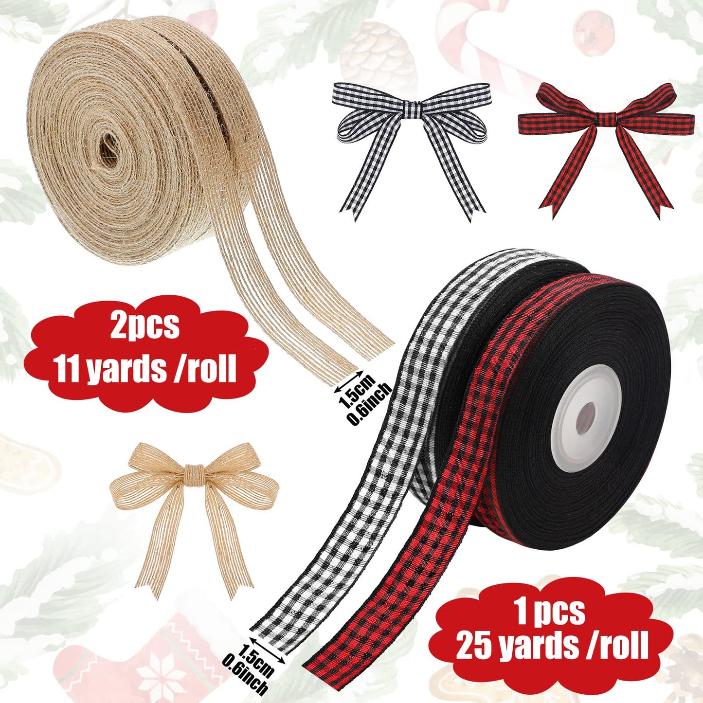 Xinnun 4 Rolls 100 Yards Christmas Ribbons Black Red Buffalo Plaid Fabric Ribbon Black and White Checked Gingham Ribbon Natural Burlap Ribbons Rustic Wrapping for DIY Craft Party Decor(0.6 Inch)