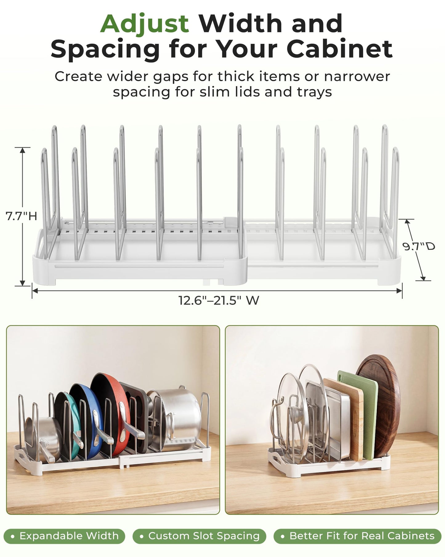 EVERIE Adjustable Bakeware Organizer Pot Lid Holder Rack for Pots, Cake Molds, Cutting Boards, Mats, Cookware, GS02SS, 7.7'' Deep by 12.6'' to 21.5'' Wide