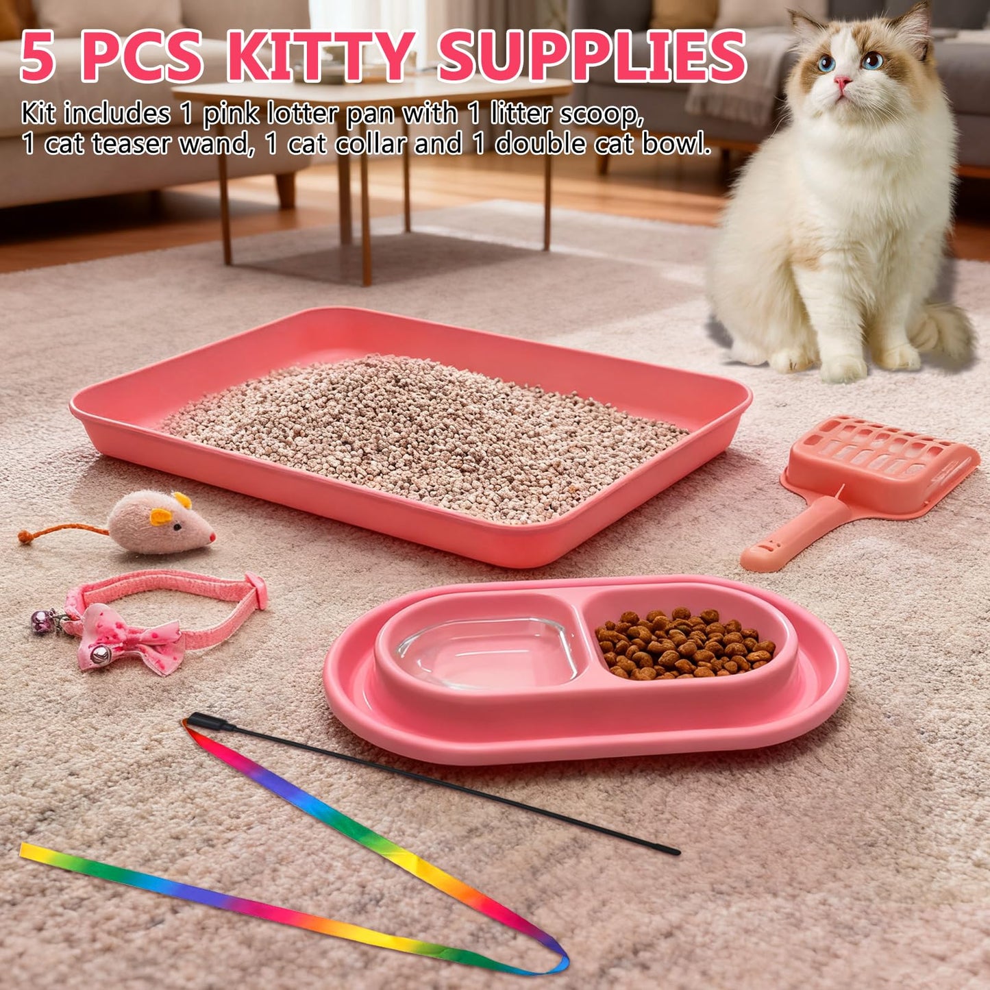 Kitten Starter Kit for Indoor Kittens, Pink Litter Box Access & Scoop, Dish Feeding Bowl, Adjustable Bell Collar, Mouse Toy - Low Entry Baby Cats Training Kits, New Kitten Essentials