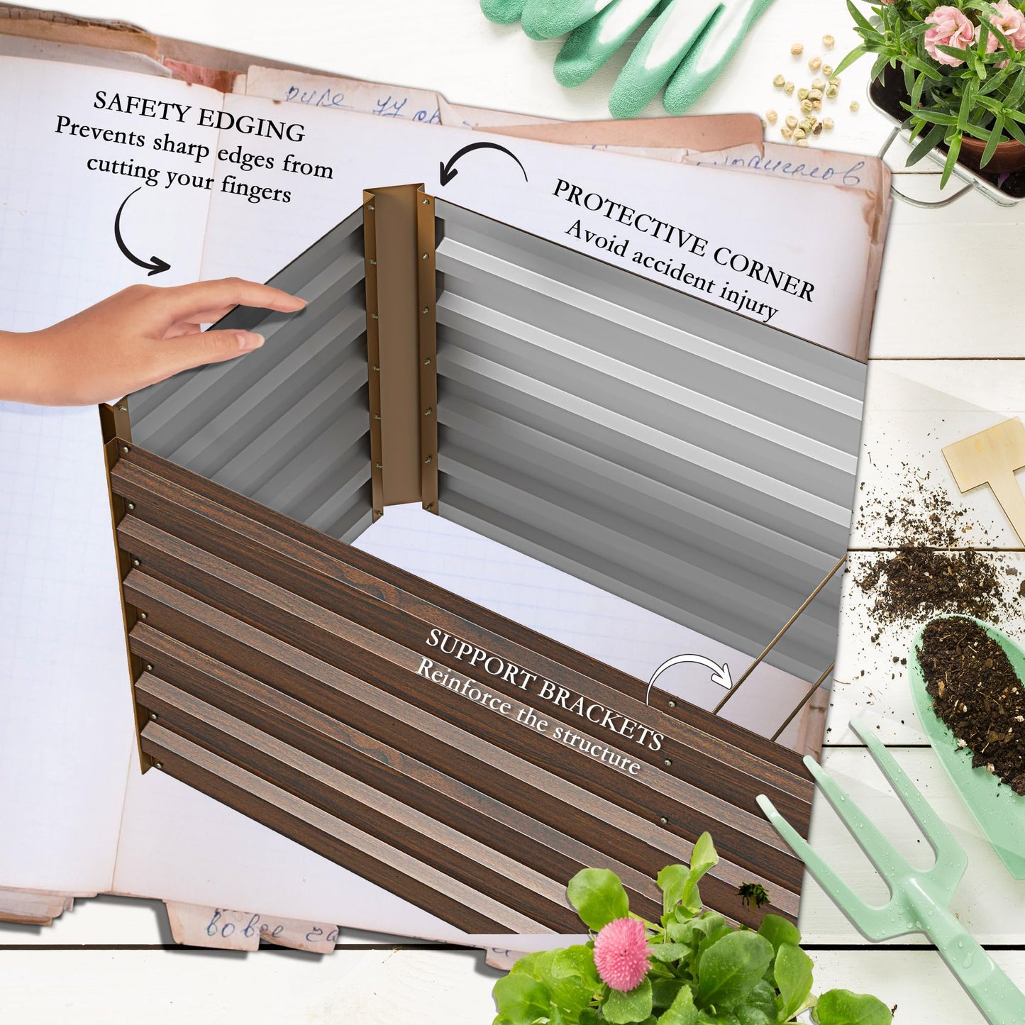 Amacv 8x2x2ft Galvanized Raised Garden Bed Kit, Outdoor Metal Elevated Planter Box with Safety Edging, Large Raised Bed for Growing Flowers, Herbs and Vegetables, Brown