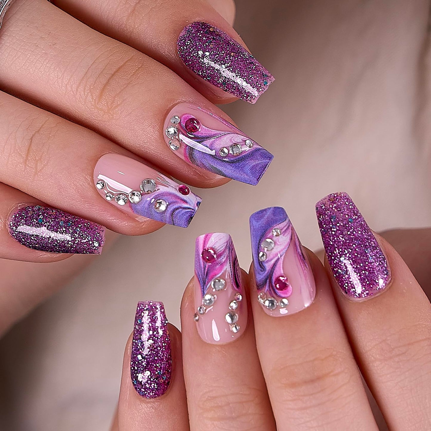 Curvlife Press on Nails Acrylic Long Square Fake Nails with Dream violet Design Full Cover False Nails Tips for Women Reusable Nail Kit with Nail Glue Adhesive Tabs