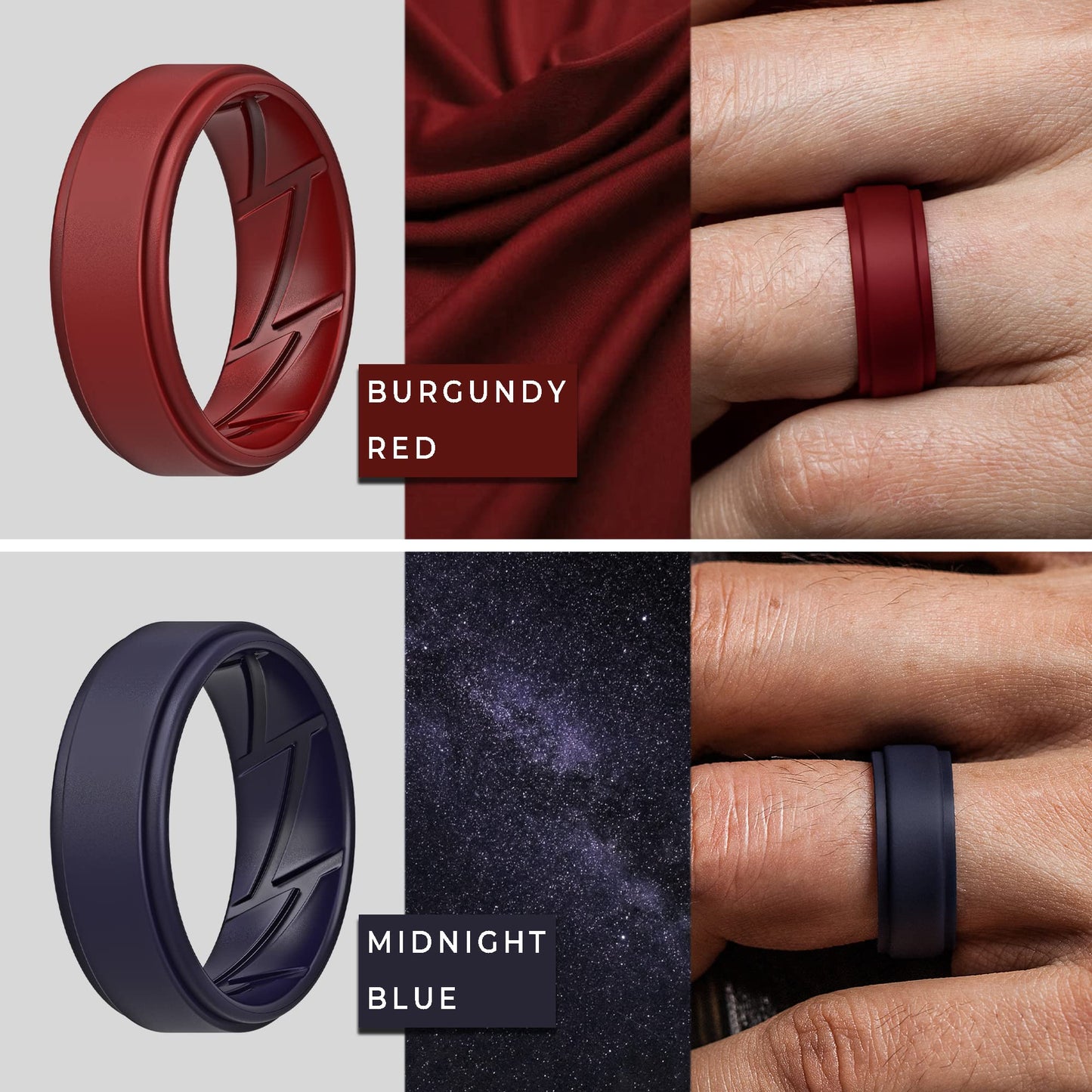 ThunderFit Silicone Wedding Rings for Men Breathable Airflow Inner Grooves, Step Edge Sleek Design Rubber Engagement Bands 8mm Wide 2mm Thick, Variety Multipack 1-7