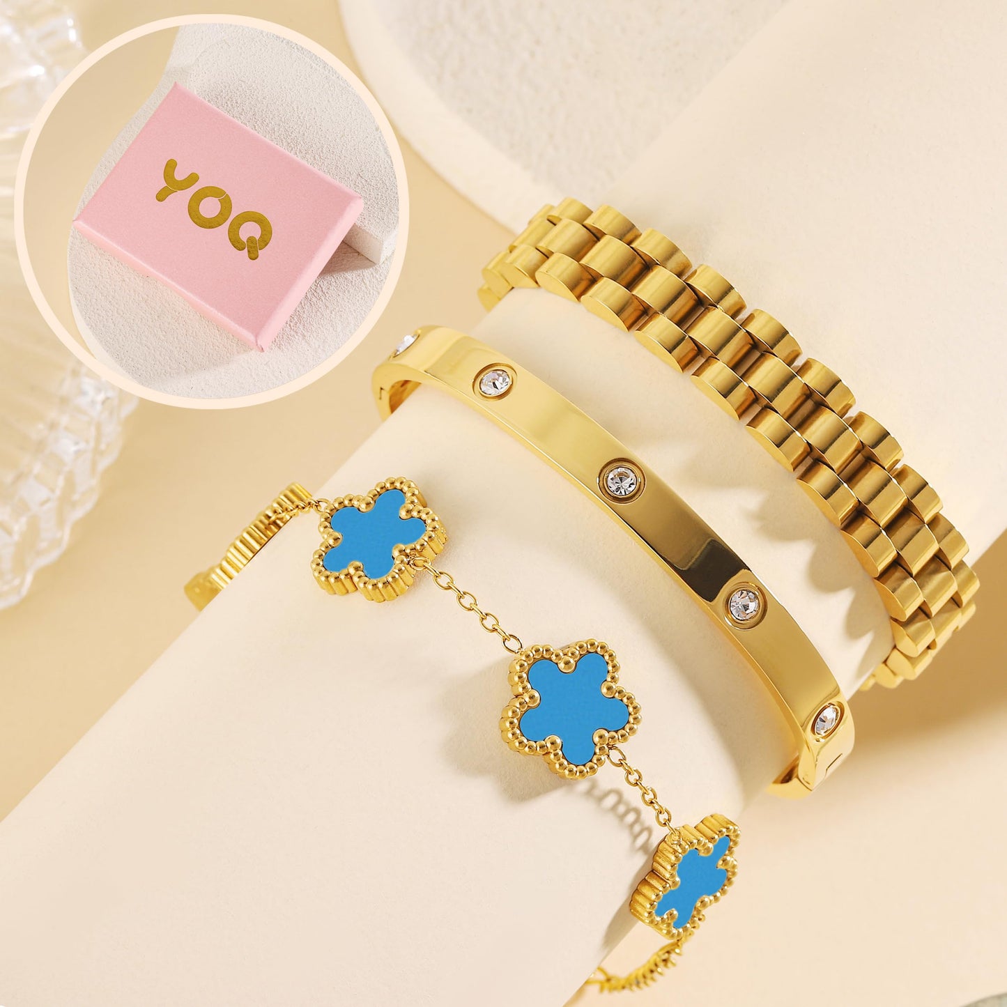YOQ Stackable Four Leaf Clover Bracelets for Women, 18K Gold Plated Love Bangle Bracelets Set, 3 Pcs Charm Jewelry Gifts (Blue)