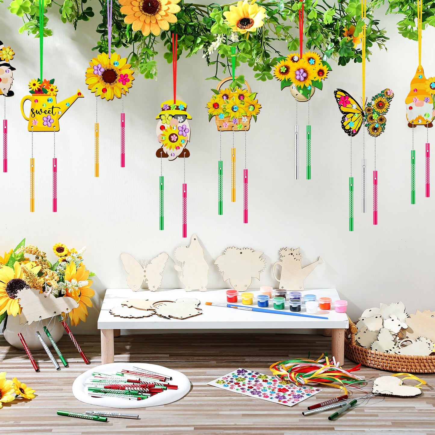 JellyArch 30 Pack Summer Sunflower Wind Chime Making Kit, Make Your Own Butterfly Gnome Wind Chime Wooden Spring Ornaments for Adults DIY Crafts Activity Birthday Decoration