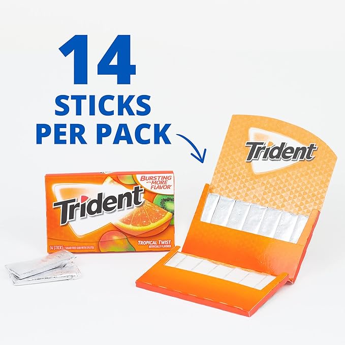 Trident Tropical Twist Sugar-Free Chewing Gum, 14 Count (Pack of 12) (168 Total Pieces)