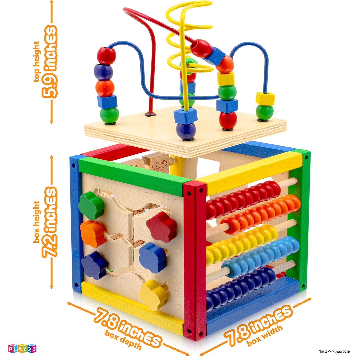 Play22 Wooden Activity Cube for Baby - 6 in-1 Baby Activity Play Cube with Bead Maze, Shape Sorter, Abacus Counting Beads, Counting Numbers, Sliding Shapes, Removable Bead Maze, 8Pcs Stacking Cups