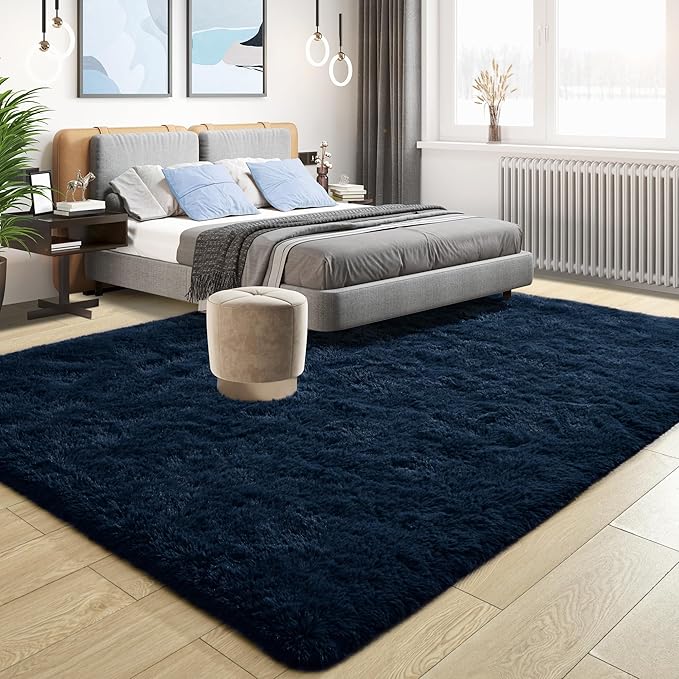Tepook Soft Fluffy Rugs for Living Room, 5x8 Shaggy Area Rug for Bedroom, Modern Shag Rug Fuzzy Carpets for Kids, Plush Indoor Nursery Home Decor Rug with Non-Slip Bottom, Navy Blue