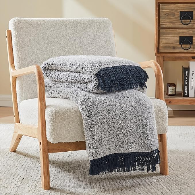 EMME Fleece Throw Blankets Soft Sherpa Plush Blankets for Couch Cozy Bed Blanket(Tassel Navy, 90"x90")