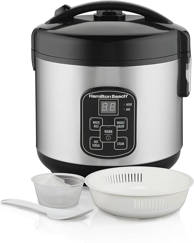 Hamilton Beach Digital Programmable Rice Cooker & Food Steamer & Portable 6 Quart Set & Forget Digital Programmable Slow Cooker Lock, Dishwasher Safe Crock & Lid, Temperature Probe, Stainless Steel